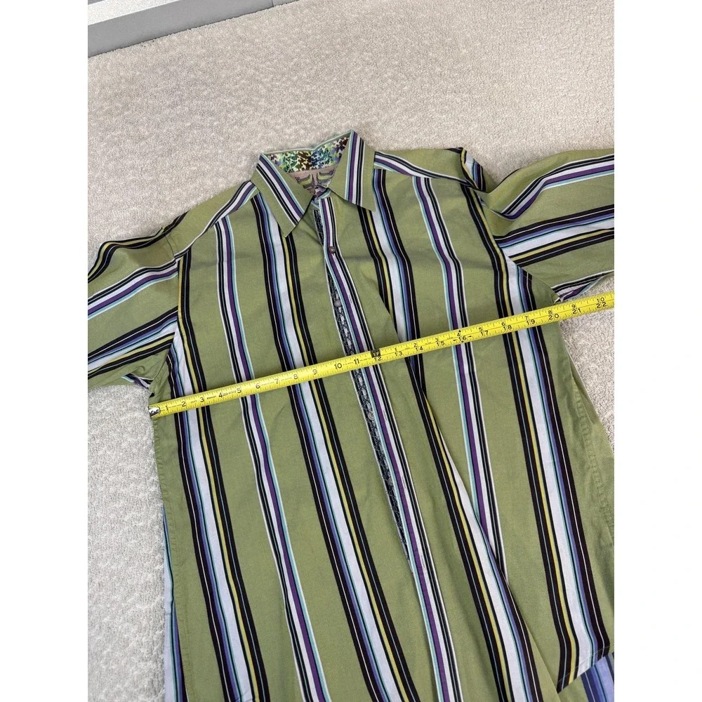 Robert Graham Shirt Mens Medium Green Stripe Long Sleeve Button Front Casual‎